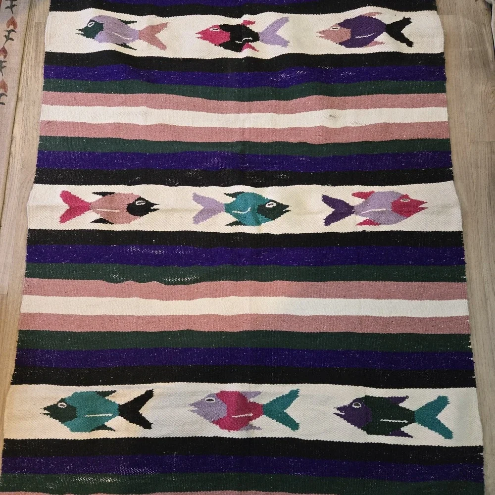 VTG Mexican Falsa Baja‎ Blanket Heavy handwoven Fish motif Rug Mat 80x45